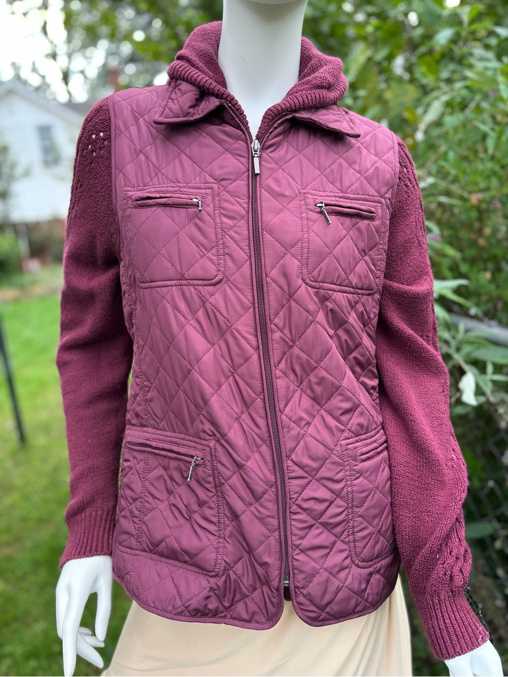 Women’s Zip Front Hooded Cardigan Sweater with Quilted Zip Front Vest